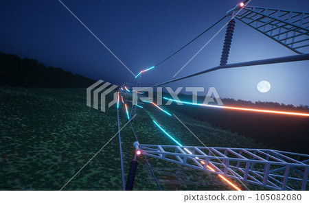 Energy travelling through overhead electric transfer lines suspended on power tower over countryside field. Transmission of electricity in electrical cables over night sky, 3D render animation 105082080