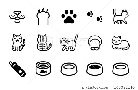 與貓相關的項目的矢量圖標集 105082116