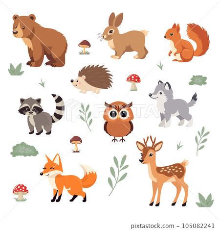 Flat Vector Cute Wild Animals Set - Grizzly Bear, Hare or Rabbit, Squirrel, Raccoon, Hedgehog, Wolf, Owl, Fox, Deer. Forest Cartoon Aanimals. Woodland Animal Collection 105082241