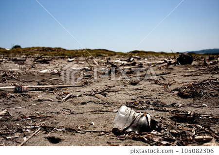 Garbage washed up on the beach (close-up, high contrast) 105082306