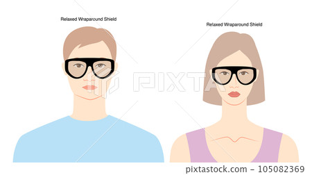 Relaxed Wraparound Shield frame glasses on women and men flat character fashion accessory illustration. Sunglass Relaxed Wraparound Shield frame glasses on women and men flat character fashion accessory illustration. Sunglass 105082369