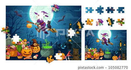 Halloween cartoon sweets and flying witch. Jigsaw puzzle game pieces. Vector worksheet for developing attentiveness. Logic task find detail that fell out of picture. Brain teaser quiz page for kids 105082770