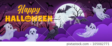 Halloween paper cut with clouds, ghosts and bats. Vector 31 october holiday party banner or greeting card design with 3d papercut effect, full moon, spooks and ravens at night landscape with trees 105082771