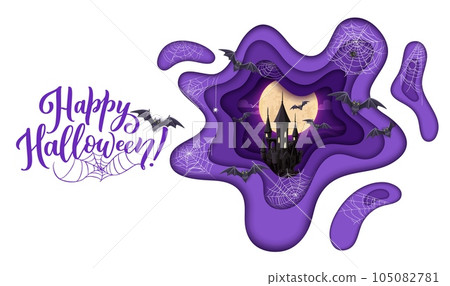 Halloween paper cut midnight castle and flying bats, horror night holiday vector poster. Happy Halloween 3d papercut layers with spider cobwebs, haunted castle and full moon for Halloween party Halloween paper cut midnight castle and flying bats, horror night holiday vector poster. Happy Halloween 3d papercut layers with spider cobwebs, haunted castle and full moon for Halloween party 105082781