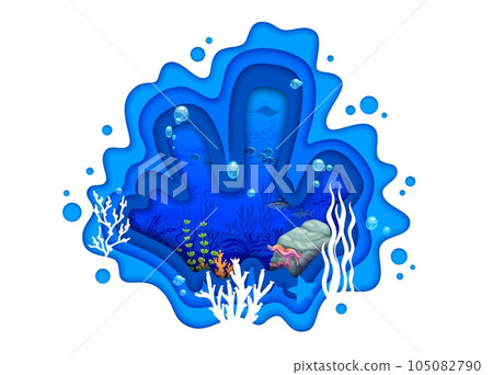 Cartoon tropical sea paper cut underwater landscape with fishes and manta ray, vector papercut. Ocean or undersea landscape with seaweeds, sea coral reef or underwater world with paper cut layers Cartoon tropical sea paper cut underwater landscape with fishes and manta ray, vector papercut. Ocean or undersea landscape with seaweeds, sea coral reef or underwater world with paper cut layers 105082790