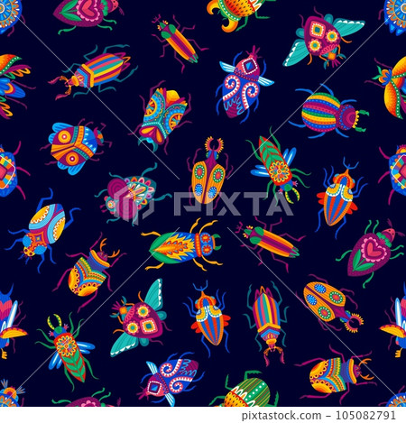 Cartoon beetles seamless pattern background of vector colorful bugs and insects. Beetles pattern of bugs or ladybugs with floral bright colors ornament or Mexican alebrije art or patchwork pattern Cartoon beetles seamless pattern background of vector colorful bugs and insects. Beetles pattern of bugs or ladybugs with floral bright colors ornament or Mexican alebrije art or patchwork pattern 105082791