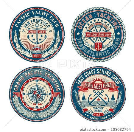 Yacht club retro patches, regatta badges for nautical sport or boat sailing, vector symbols. Yacht club vintage patches for marine and sea regatta with anchor, sailor club emblems for yachting sport 105082794