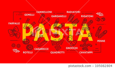 Pasta types banner or Italian food thin line icons. Italy cuisine menu classic meal outline vector background with cannelloni, gemelli, farfalle, garganelli and casarecce, rotelli, quadretti pasta 105082804