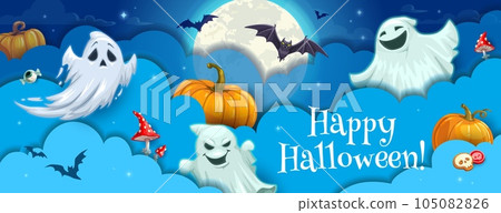 Halloween paper cut cartoon flying ghost monsters. Vector holiday party banner or greeting card design with 3d effect papercut clouds, moon, bats, stars, spooks, trick or treat sweets and amanita 105082826