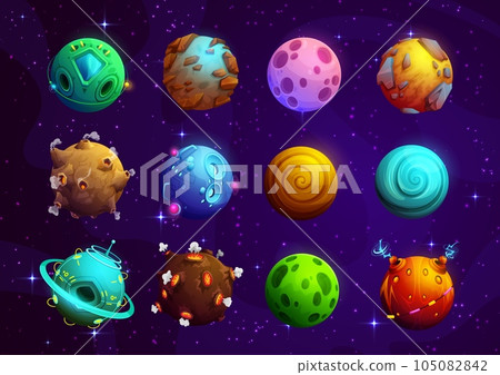 Cartoon alien fantasy space planets. Vector cosmic world objects with organic and technological surfaces. Fantastic galaxy ui game asteroids with erupting volcano, electric strikes and mysterious glow Cartoon alien fantasy space planets. Vector cosmic world objects with organic and technological surfaces. Fantastic galaxy ui game asteroids with erupting volcano, electric strikes and mysterious glow 105082842