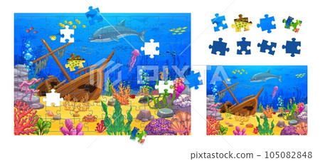 Jigsaw puzzle underwater landscape pieces. Cartoon sea dolphin and fish, seaweeds and corals. Part connect puzzle, figure find kids quiz vector worksheet with sunken ship, sea fishes and algae plants 105082848