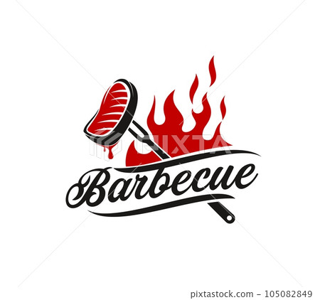 BBQ grill restaurant icon with stake on fork, red fire flame. BBQ party, beefsteak grill steakhouse or butcher shop vector sign. Meat roast, beef gourmet, barbeque cafe emblem or symbol 105082849