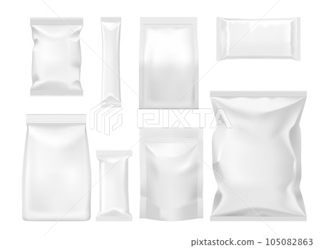 Polymer and paper packages and packets mockups. Food product disposable packaging isolated vector templates. Sugar, dog food, cookie or chips plastic or paper sachets, blank aluminium packets set 105082863