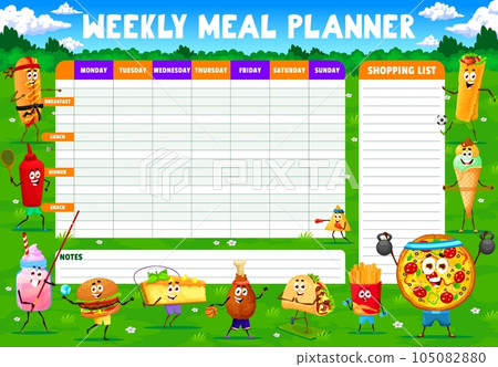 Weekly meal planner. Cartoon fast food characters on sport vacation. Meals menu vector daily timetable, shopping list with hotdog, ketchup, smoothie and hamburger, cake cute personaged on fitness Weekly meal planner. Cartoon fast food characters on sport vacation. Meals menu vector daily timetable, shopping list with hotdog, ketchup, smoothie and hamburger, cake cute personaged on fitness 105082880