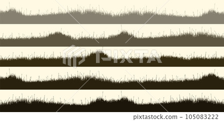 Meadow silhouettes with grass, plants on plain. Panoramic summer lawn landscape with herbs, various weeds. Herbal border, frame element. Brown horizontal banners. Vector illustration 105083222