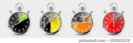 Realistic classic stopwatch. Shiny metal chronometer, time counter with dial. Colorful countdown timer showing minutes and seconds. Time measurement for sport, start and finish. Vector illustration Realistic classic stopwatch. Shiny metal chronometer, time counter with dial. Colorful countdown timer showing minutes and seconds. Time measurement for sport, start and finish. Vector illustration 105083239