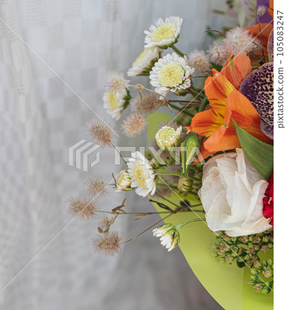 beautiful bright bouquet in a purple basket on a white background, copy space beautiful bright bouquet in a purple basket on a white background, copy space 105083247