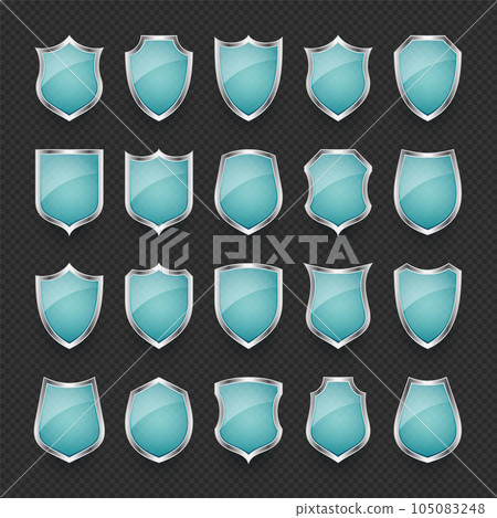 Set of vintage glass 3d shield icons. Blue heraldic shields. Black protection and security symbol, label. Vector illustration Set of vintage glass 3d shield icons. Blue heraldic shields. Black protection and security symbol, label. Vector illustration 105083248