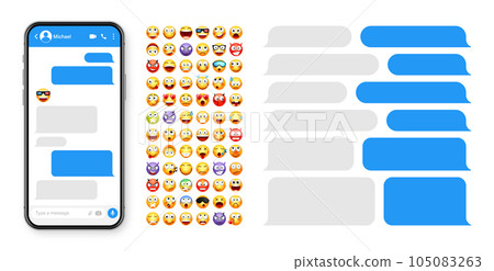 Smartphone messaging app, user interface design with emoji. SMS text frame. Chat screen with blue message bubbles. Texting app for communication. Social media application. Vector illustration 105083263