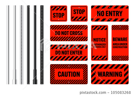 Warning, danger signs, attention banners with metal poles. Red caution sign, construction site signage. Notice signboard, warning banner, road shield. Vector illustration 105083268