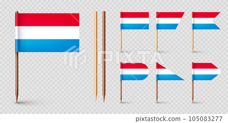 Luxembourgish toothpick flags. Souvenir from Luxembourg. Wooden toothpicks with paper flag. Location mark, map pointer. Blank mockup for advertising and promotions. Vector illustration Luxembourgish toothpick flags. Souvenir from Luxembourg. Wooden toothpicks with paper flag. Location mark, map pointer. Blank mockup for advertising and promotions. Vector illustration 105083277
