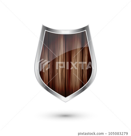 Wooden vintage shield icon. Black heraldic shield. Protection and security symbol, label. Vector illustration 105083279