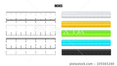 Realistic plastic rulers with black inch scale for measuring length or height. Various measurement scales with divisions. Ruler, tape measure marks, size indicators. Vector illustration 105083280