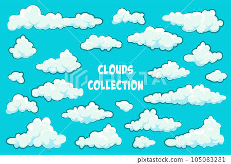 Painted cartoon clouds on blue background. Simple hand drawn round cloud, summer sky panorama, cloudscape. Flat design. Vector illustration Painted cartoon clouds on blue background. Simple hand drawn round cloud, summer sky panorama, cloudscape. Flat design. Vector illustration 105083281