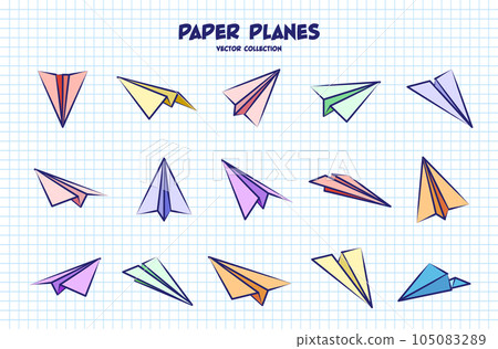 Hand drawn planes on checkered paper sheet. School notebook for drawing. Doodle airplane. Aircraft icon, simple colorful plane silhouettes. Outline, line art. Vector illustration Hand drawn planes on checkered paper sheet. School notebook for drawing. Doodle airplane. Aircraft icon, simple colorful plane silhouettes. Outline, line art. Vector illustration 105083289