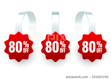 Supermarket promotional wobblers. Realistic red wobbler template for shelf advertising, 80 percent off discount. Sale label with ad text. Special offer price tag. Vector illustration Supermarket promotional wobblers. Realistic red wobbler template for shelf advertising, 80 percent off discount. Sale label with ad text. Special offer price tag. Vector illustration 105083290