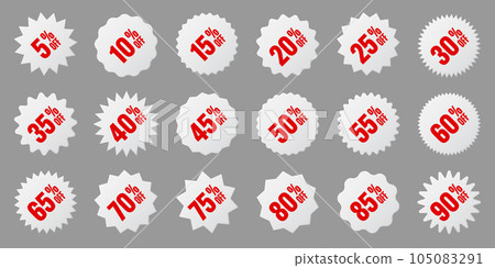 Price tags collection, special offer or shopping discount label with percent, discount percentage value. White turned retail paper sticker. Promotional sale badge. Vector illustration Price tags collection, special offer or shopping discount label with percent, discount percentage value. White turned retail paper sticker. Promotional sale badge. Vector illustration 105083291