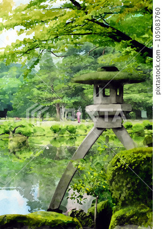 Kanazawa, Kenrokuen watercolor illustration Generative AI 105083760