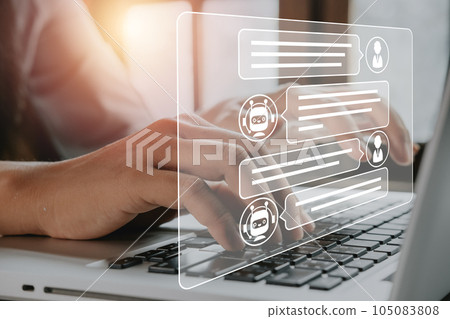 Chat GPT, Chat bot assistant, Person typng keyboard computer on desk with Chat GPT icon on virtual screen, AI technology to assist humans work. 105083808