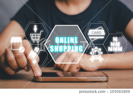 Online shopping concept, Person using smart phone on desk with online shopping icon on virtual screen. 105083809