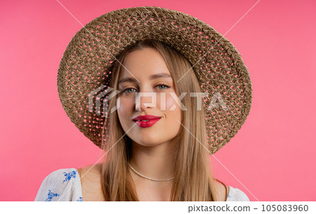 Pretty blonde woman, big lips on pink background. Smiling natural healthy girl Pretty blonde woman, big lips on pink background. Smiling natural healthy girl 105083960