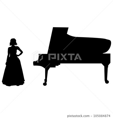 Illustration material vector of a woman and a piano silhouette before playing the piano 105084874