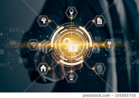 Businessman Hand and Finger Touching Screen and Hexagon UI HUD Unlock Security Sign in Vintage Tone 105085758