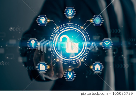 Businessman Hand and Finger Touching Screen and Hexagon Blue HUD Unlock Security Sign in Vintage Tone Businessman Hand and Finger Touching Screen and Hexagon Blue HUD Unlock Security Sign in Vintage Tone 105085759