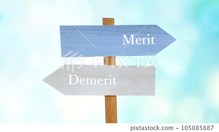 Signpost painted in light blue and gray beige _Merit and Demerit characters wide Signpost painted in light blue and gray beige _Merit and Demerit characters wide 105085887