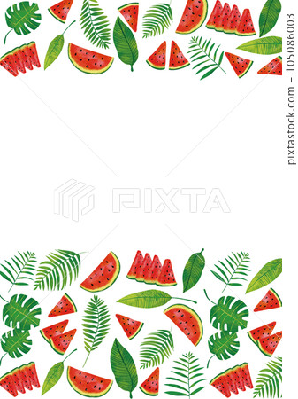 水彩觸摸熱帶樹葉和西瓜框架 105086003
