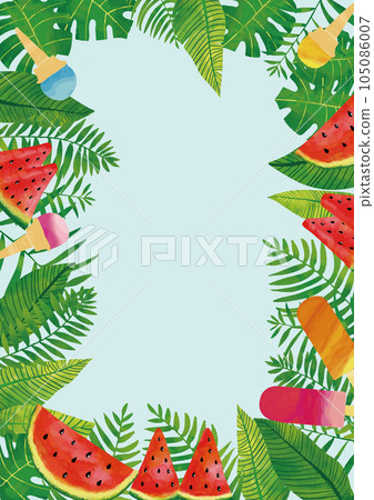 水彩觸感熱帶樹葉和夏日物品框架（背景藍色） 105086007