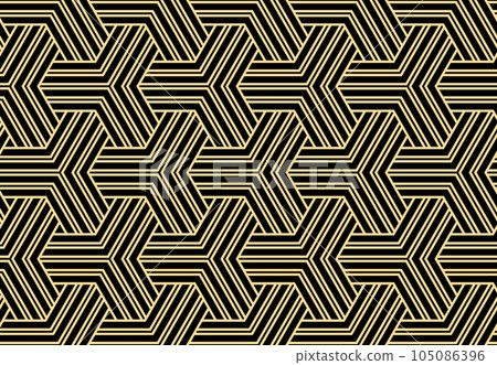 Abstract geometric pattern with stripes, lines. Seamless vector background. Gold and black ornament. Simple lattice graphic design. Abstract geometric pattern with stripes, lines. Seamless vector background. Gold and black ornament. Simple lattice graphic design. 105086396