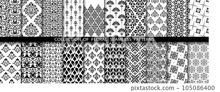 Geometric floral set of seamless patterns. White and black vector backgrounds. Damask graphic ornaments. Geometric floral set of seamless patterns. White and black vector backgrounds. Damask graphic ornaments. 105086400