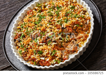 mushrooms ground meat casserole in dish, top view mushrooms ground meat casserole in dish, top view 105086725