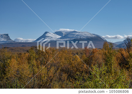Autumn season in Abisko with mountains in background, Abisko, Swedish Lapland, Sweden 105086806