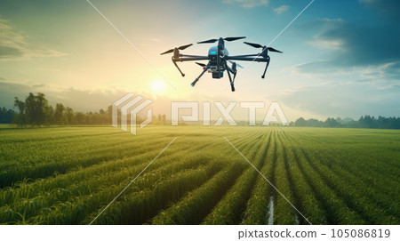A drone spraying crops in a precision agriculture setting, illustrating the role of technology in optimizing farming practices.Future of plant Background A drone spraying crops in a precision agriculture setting, illustrating the role of technology in optimizing farming practices.Future of plant Background 105086819