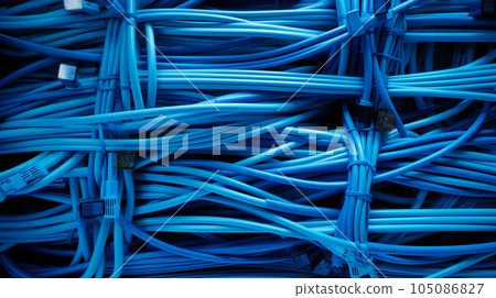 A collection of colorful Blue data cables and connectors, representing the interconnectedness of modern information systems.Background 105086827