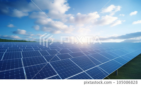 A panorama of solar panels covering a vast field, depicting the use of renewable energy technology in modern businesses.Electric City Background 105086828