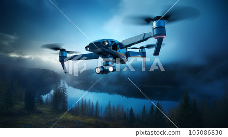 A drone flying high in the sky, capturing aerial images and surveying landscapes, highlighting the use of technology in data collection.Sci-Fi Background 105086830