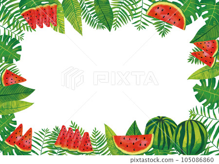Watercolor touch tropical leaves and watermelon summer frame 105086860
